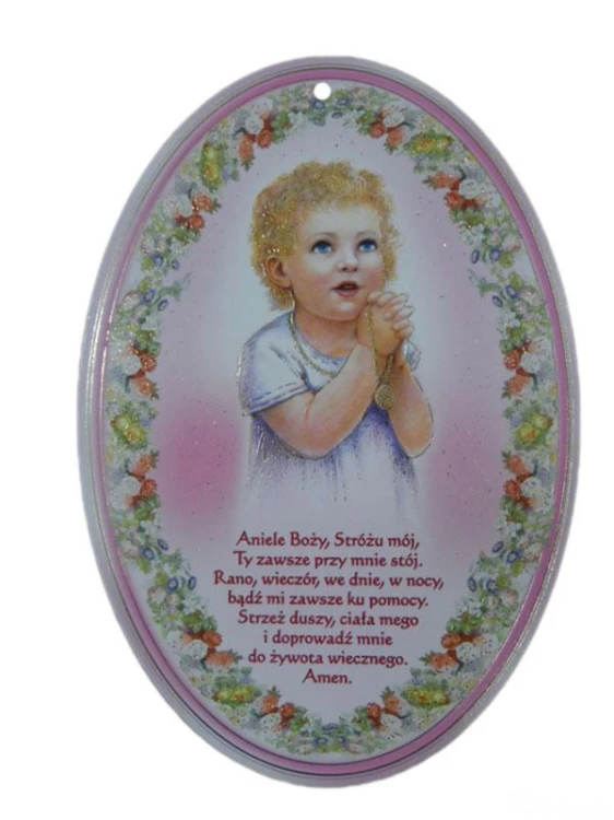 Obrazek 12x17cm Aniołek modlący owal różowy na płycie średni - 58508