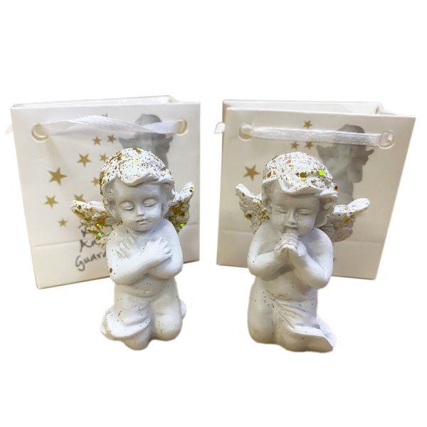 Figura Anioł klęczący biały z brokatem w torebce 5cm (różne wzory 2) - 55246