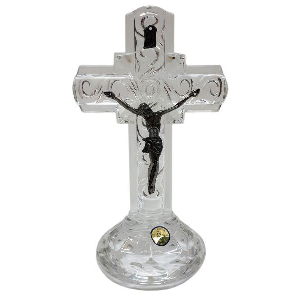 Krzyż stojący kryształowy rzeźbiony 18cm + miseczka - 50044
