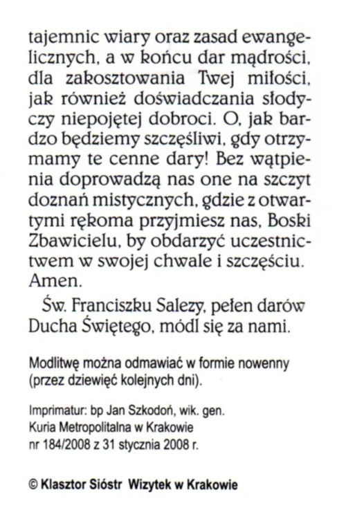 Składanka św. Franciszek Salezy. Modlitwa św. Franciszka Salezego o dary Ducha św. - 41918