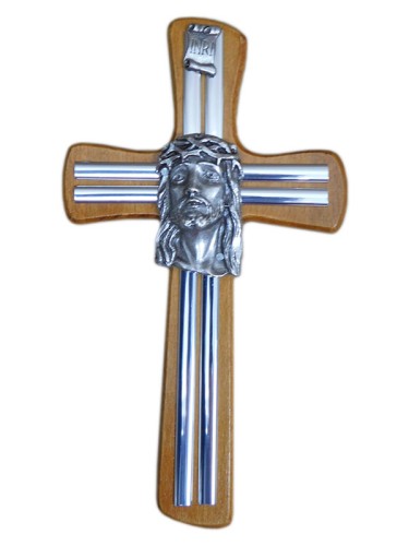 Krzyż wiszący drewniany h20cm z głową mahoń - 41296
