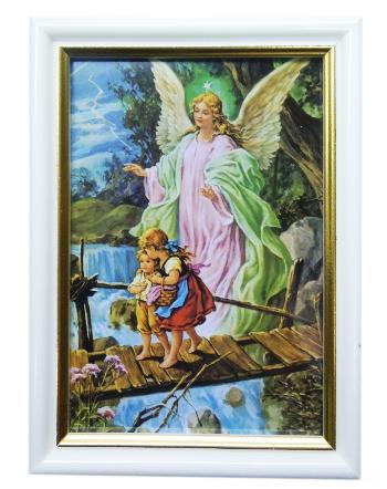 Obraz 10x15cm Anioł Stróż kładka rama biała - 37754