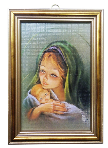 Obraz 10x15cm Matka Boża z Dzieciątkiem   tło zielone rama złota - 37010