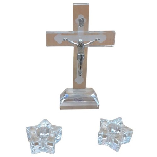 Komplet kolędowy -  kryształ MAŁY 18cm (krzyż + świeczniki gwiazdki) - 29761