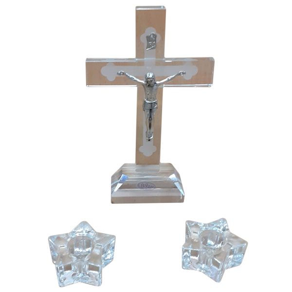 Komplet kolędowy -  kryształ MAŁY 18cm (krzyż + świeczniki gwiazdki) - 29761