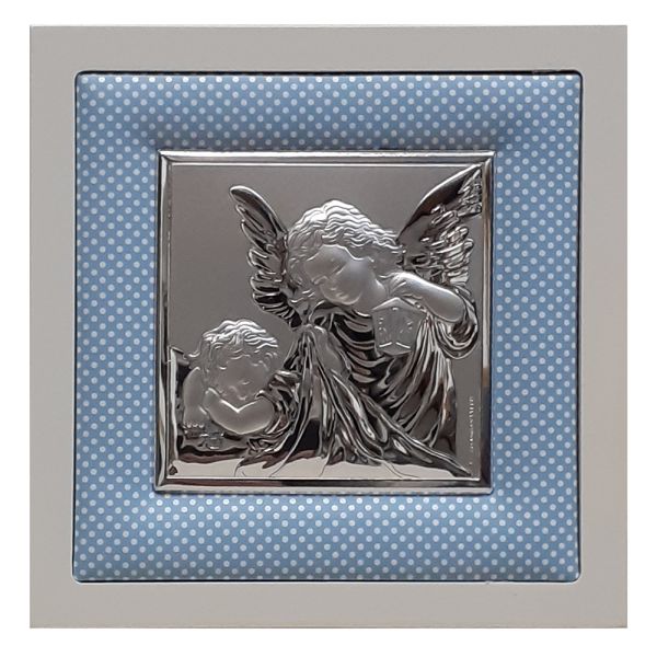 Obraz srebrny 14x14cm Anioł Stróż (latarka) na poduszeczce - ! - 25815