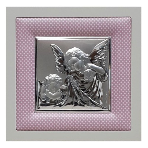 Obraz srebrny 14x14cm Anioł Stróż (latarka) na poduszeczce - ! - 25321