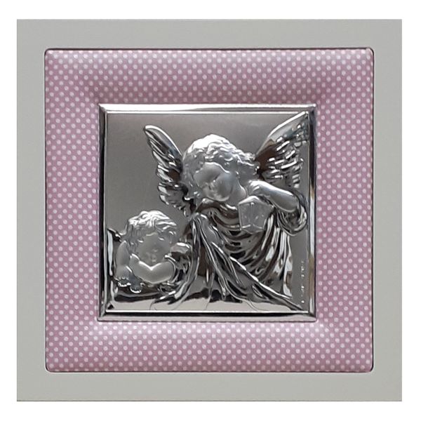 Obraz srebrny 14x14cm Anioł Stróż (latarka) na poduszeczce - ! - 25321