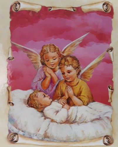 Obrazek 20x25cm Dwa aniołki nad dzieckiem PAMIĄTKA CHRZTU ŚW. RÓŻOWY na płycie - 16297