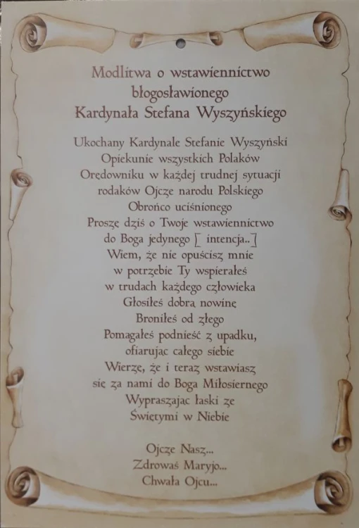 Obrazek 14x21cm - MODLITWA O WSTAWIENNICTWO BŁ. KARD. S. WYSZYŃSKIEGO na tekturce A5 - 16287