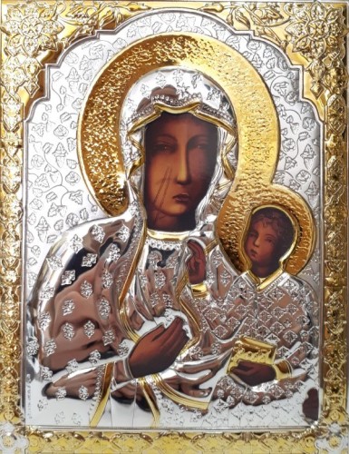 Ikona (grecka) srebrna częściowo pozłacana Matka Boża Częstochowska 14x18 cm - 16082 8056697706390