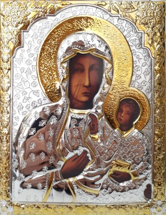 Ikona (grecka) srebrna częściowo pozłacana Matka Boża Częstochowska 14x18 cm - 16082 8056697706390