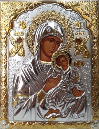 Ikona (grecka) srebrna częściowo pozłacana Matka Boża Nieustającej Pomocy 14x18 cm - 16040 8056697703252