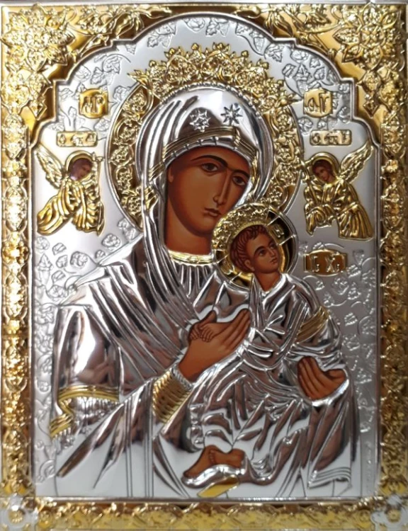 Ikona (grecka) srebrna częściowo pozłacana Matka Boża Nieustającej Pomocy 14x18 cm - 16040 8056697703252