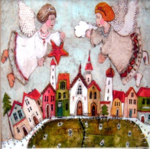 Obrazek - KAFELEK Dwa aniołki nad miastem 11x11cm (ceramiczny) - 15863