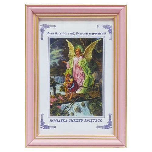 Obraz 10x15cm Anioł Stróż kładka rama RÓŻOWA Pamiątka Chrztu Św. - 15271