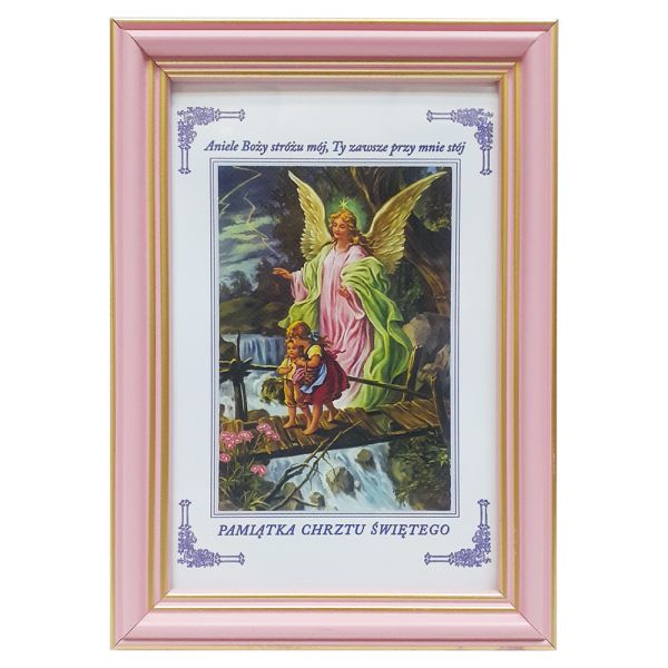 Obraz 10x15cm Anioł Stróż kładka rama RÓŻOWA Pamiątka Chrztu Św. - 15271