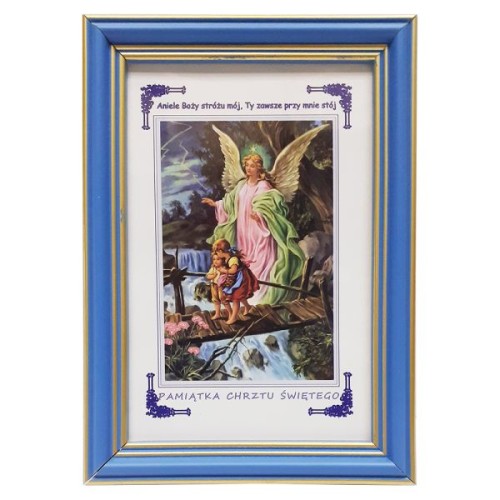 Obraz 10x15cm Anioł Stróż kładka rama NIEBIESKA Pamiątka Chrztu Św. - 15267