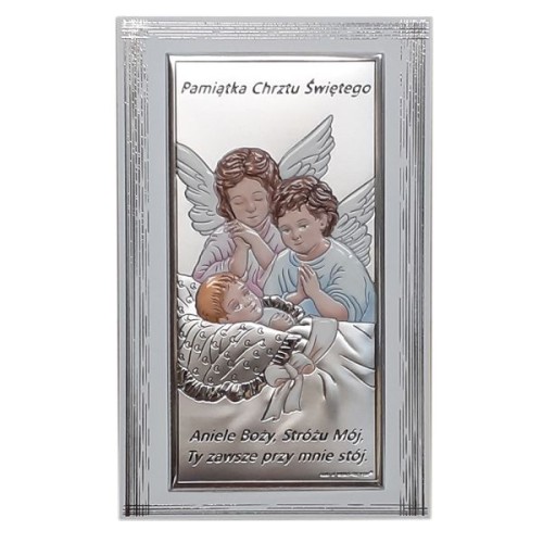 Obraz srebrny (KOLOR) 10x16cm Dwa aniołki nad dzieckiem "Aniele Boży..." prostokąt rama biała Pamiątka Chrztu Św. - 15027