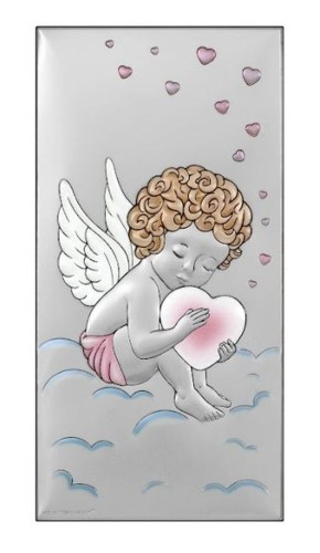 Obraz srebrny (KOLOR) 10x20cm ANIOŁEK RÓŻOWY (serduszka) prostokąt - 13978