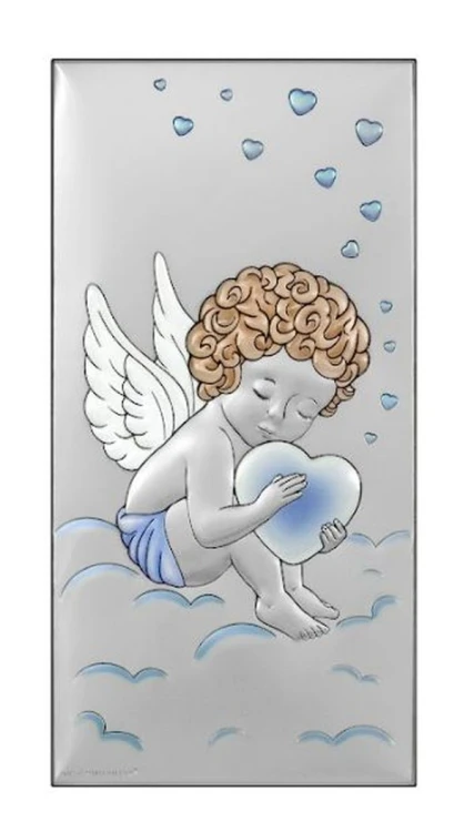 Obraz srebrny (KOLOR) 10x20cm ANIOŁEK NIEBIESKI (serduszka) prostokąt - 13977