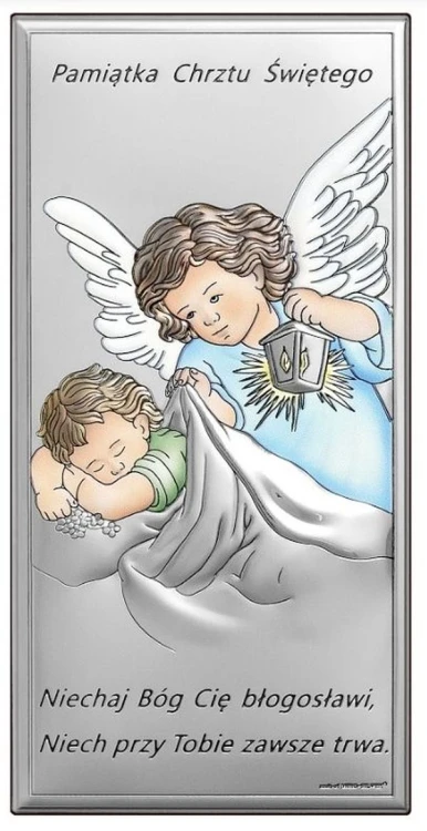 Obraz srebrny (KOLOR) 10x20cm Anioł Stróż latarka prostokąt "Niechaj Bóg Cię..." Pamiątka Chrztu Św. - 13976