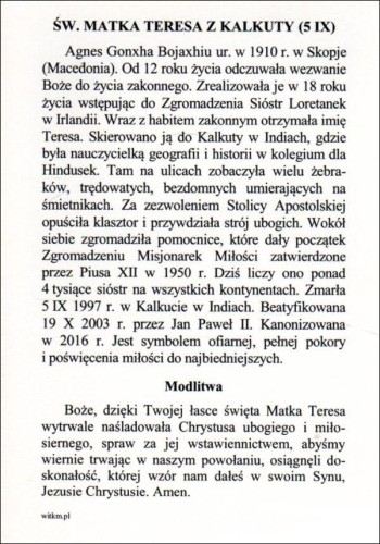 Pocztówka św. Matka Teresa z Kalkuty. Biografia i modlitwa - 11831
