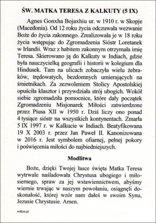 Pocztówka św. Matka Teresa z Kalkuty. Biografia i modlitwa - 11831