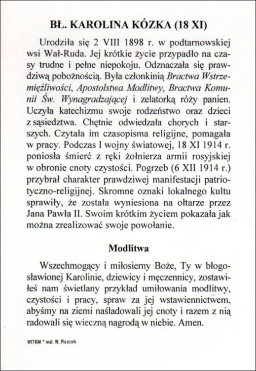 Pocztówka bł. Karolina Kózka. Biografia i modlitwa - 11829