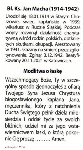 Obrazek bł. Ks. Jan Macha. Biografia, modlitwa o łaskę - 11782