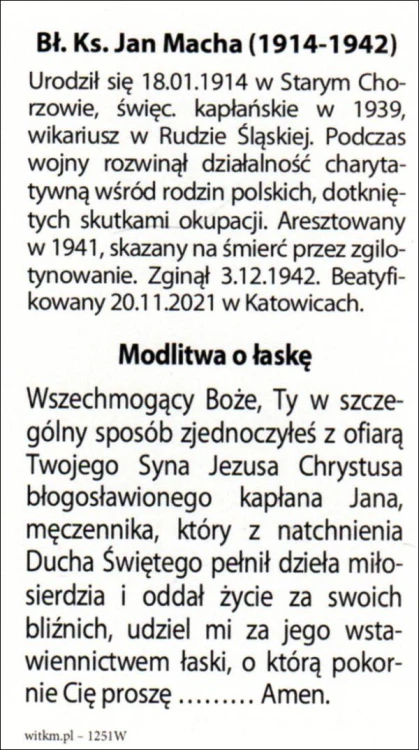 Obrazek bł. Ks. Jan Macha. Biografia, modlitwa o łaskę - 11782
