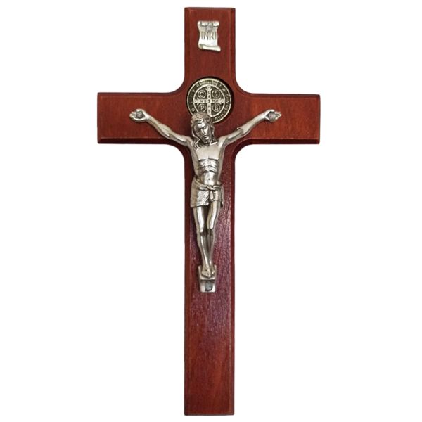 Krzyż wiszący drewniany h16cm Św. Benedykt WIŚNIA - 11487
