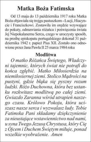 Obrazek laminowany Matka Boża Fatimska. Biografia + modlitwa - 10180