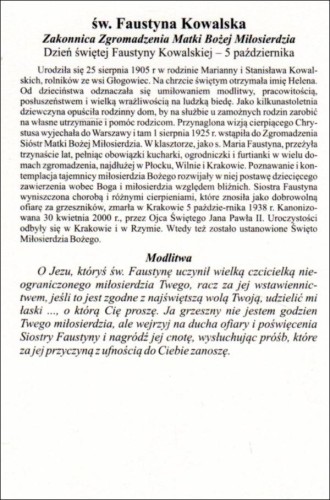 Pocztówka Święta Faustyna Kowalska. Biografia, modlitwa - 09713