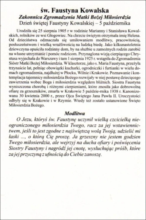 Pocztówka Święta Faustyna Kowalska. Biografia, modlitwa - 09713