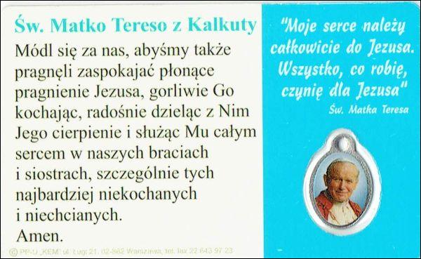 Medalik foliowany św. Matka Teresa z Kalkuty - medalik i obrazek z modlitwą zalaminowane - 09607