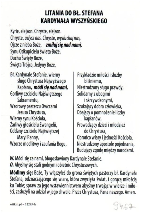 Pocztówka Bł. Kard. Stefan Wyszyński. Litania do bł. Stefana Kardynała Wyszyńskiego - 09467