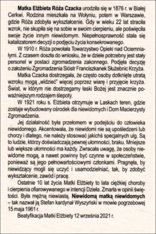 Obrazek Bł. Matka Róża Czacka opiekunka niewidomych. Biografia - 09461