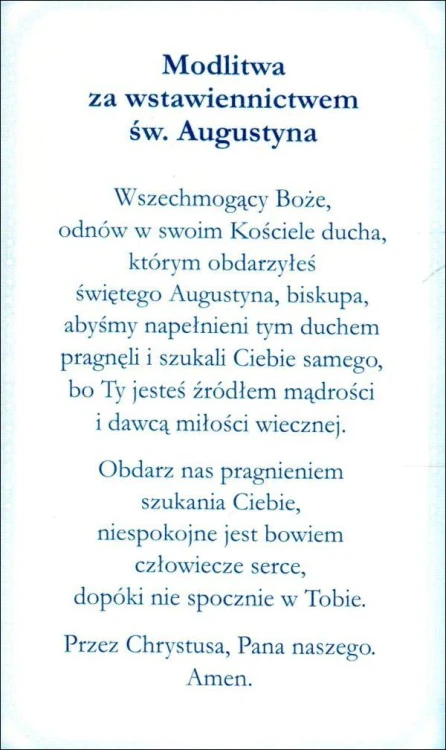 Obrazek z brokatem św. Augustyn. Modlitwa za wstawiennictwem św. Augustyna. - 08569