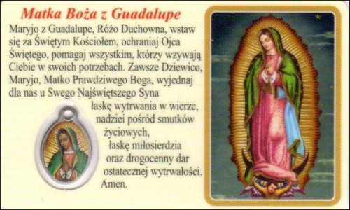 Medalik foliowany Matka Boża z Guadalupe / św. Juan Diego Cuauhtatoatzin - medalik i obrazek z modlitwą zalaminowane - 08301