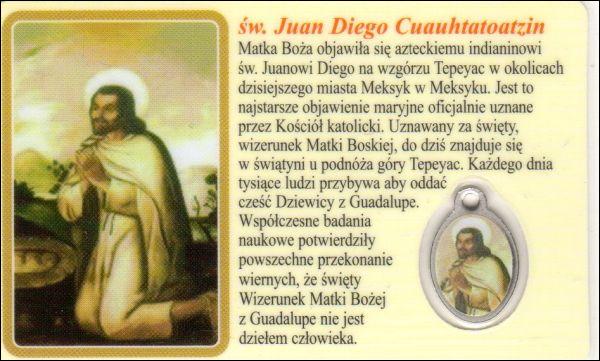 Medalik foliowany Matka Boża z Guadalupe / św. Juan Diego Cuauhtatoatzin - medalik i obrazek z modlitwą zalaminowane - 08301