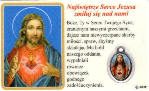 Medalik foliowany Matka Boża Ostrobramska / Najświętsze Serce Jezusa - medalik i obrazek z modlitwą zalaminowane - 08246