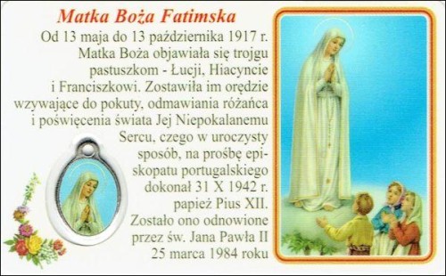Medalik foliowany Matka Boża Fatimska - medalik i obrazek z modlitwą zalaminowane - 08244