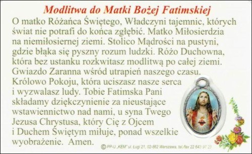 Medalik foliowany Matka Boża Fatimska - medalik i obrazek z modlitwą zalaminowane - 08244