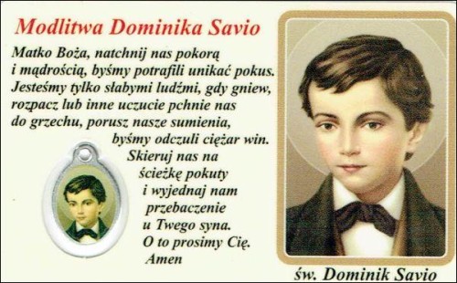 Medalik foliowany św. Dominik Savio / Najświętsze Serce Jezusa - medalik i obrazek z modlitwą zalaminowane - 08223