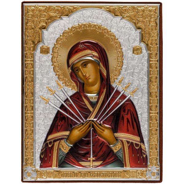 Ikona (grecka) srebrna kolorowa pozłacana Matka Boża Bolesna (miecze) 13x15,5 cm - 08043 8054040633218