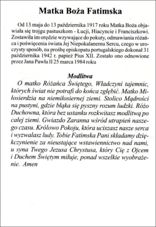 Pocztówka Matka Boża Fatimska. Biografia, modlitwa - 07939