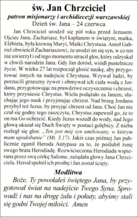 Obrazek laminowany św. Jan Chrzciciel. Biografia + modlitwa - 07567