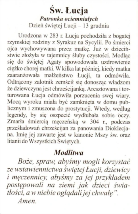 Obrazek laminowany św. Łucja. Patronka ociemniałych - 07542