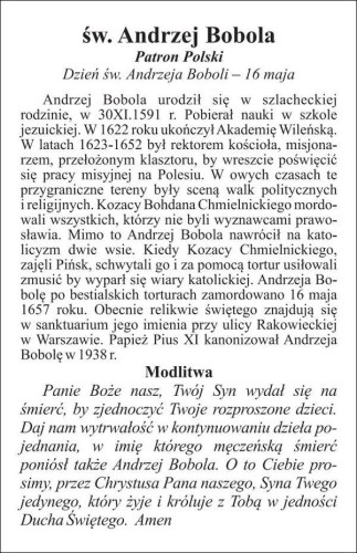 Obrazek laminowany św. Andrzej Bobola. Męczennik i Patron Polski - 07525